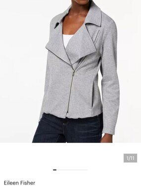 EILEEN FISHER Moon Moto Jacket 100% Organic Cotton Herringbone Zippered Gray